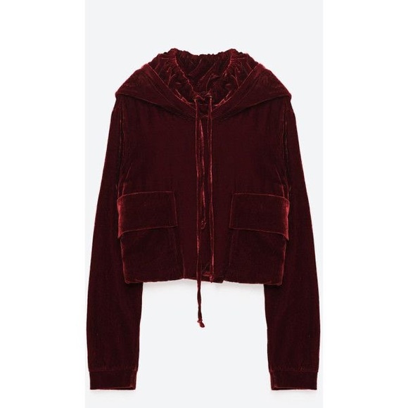 Luxe ZARA Red Burgundy Velvet Hoodie Pullover Sweatshirt - Picture 2 of 5